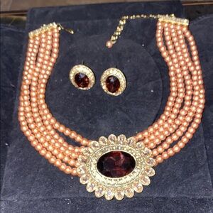 Heidi Daus Elegant Crystal & Oval Pink Faux Pearl Necklace & Earrings Set